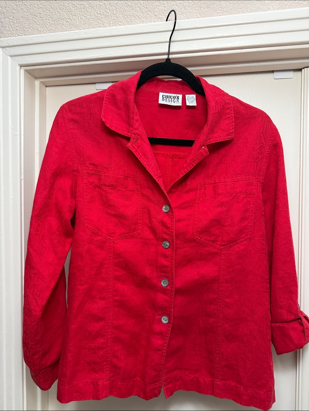 Beautiful Women's Red Button-Front Light Jacket. Linen/Cotton. Size L.